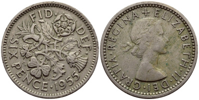 Великобритания 6 пенсов 1955 Елизавета II (1952-2022) KM 903, Spink 4149 медно-никель 3458-222