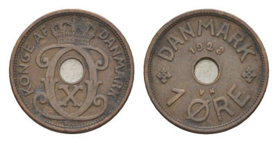 Дания 1 эре 1928 N, Кристиан X (1912-1947) KM 826 бронза 4639-668