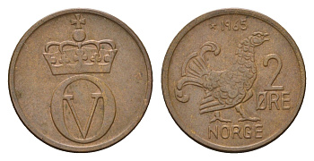 Норвегия 2 эре 1965 Улаф V (1957-1991) KM 410 бронза 4702-539