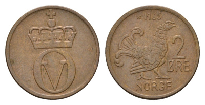 Норвегия 2 эре 1965 Улаф V (1957-1991) KM 410 бронза 4702-539
