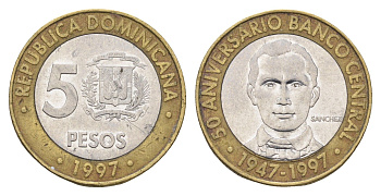 Доминиканская Республика (Доминикана) 5 песо 1997 50 лет Центробанку KM 88 биметалл 4663-924