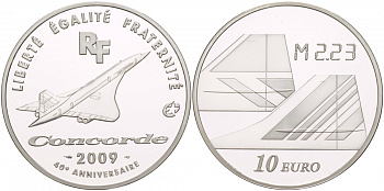 Франция 10 евро 2009 40 лет самолетам Конкорд, превышение скорости звука в 2,23 раза KM NEW серебро PROOF 1066-10-23