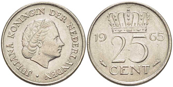 Нидерланды 25 центов 1965 Юлиана (1949-1980) KM 183 никель 214-943