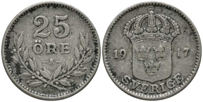 Швеция 25 эре 1917 W, Густав V (1907-1950) КМ 785 серебро 201-1046