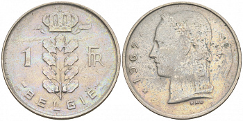 БЕЛЬГИЯ 1 ФРАНК 1967 BELGIE KM 143.1 медно-никель 68-526