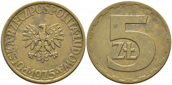 ПОЛЬША 5 ЗЛОТЫХ 1975 ЛЕНИНГРАДСКИЙ МОНДВОР KM 81.1 латунь 3856-811