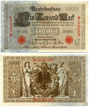 Германия 1000 марок 1910 21 апреля 1910, красная печать, номер семизначный, серия В, буква С, выпуск АПРЕЛЬ - АВГУСТ 1919 Pick 44, Роземберг 45b бумага VF 2194-22-1-1