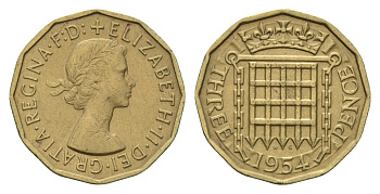 Великобритания 3 пенса 1954 Елизавета II (1952-2022) KM 900, Spink 4153 никель латунь 4121-526