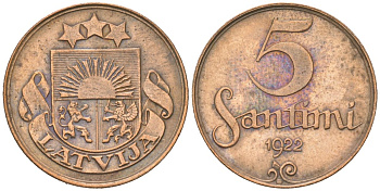 Латвия 5 сантимов 1922 KM 3 бронза 4615-768