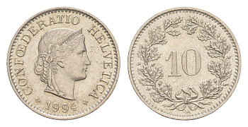 Швейцария 10 раппенов 1994 B KM 27 медно-никель UNC 4649-1222