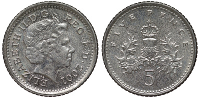 Великобритания 5 пенсов 2001 Елизавета II (1952-2022) KM 988, Spink 4670 (D5) медно-никель 4124-659