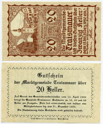 Австрия, Трайсмауэр 20 геллеров 1920 31 декабря 1920, нотгельд, земля Нижняя Австрия   бумага  UNC (пресс) 8614-30-1-2