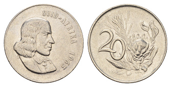 ЮАР 20 центов 1965 Ян ван Рибек (1619-1677), Suid Africa, легенда на африкаанс, капские воробьи KM 69.2 никель 4675-617