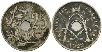 Бельгия 25 сантимов 1922 Belgie KM 69 медно-никель 4165-846