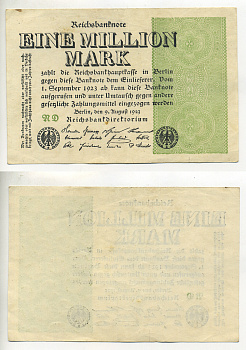 Германия 1000000 марок 1923 9 августа, тип 2, водяной знак маленькие круги Pick 102 b, Розенберг 101 b, Grabowski DEU 114 b бумага 7217-100-1-1