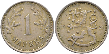 ФИНЛЯНДИЯ 1 МАРКА 1921 H KM 30 медно-никель 4388-927