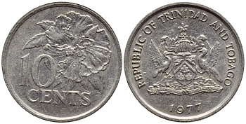 Тринидад и Тобаго 10 центов 1977 цветок гибискуса KM 31 медно-никель 4396-858