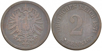 ГЕРМАНИЯ 2 ПФЕННИГА 1874 A, СТАРОГЕРБОВКА KM 2 J 2 медь 3718-235