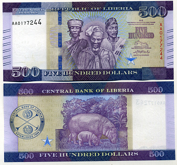 Либерия 500 долларов 2016 мужчина, женщина, бегемот Pick 36 a бумага UNC (пресс) 451-352-3