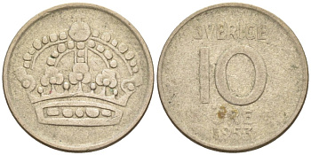 Швеция 10 эре 1953 TS, Густав VI Адольф (1950-1973) KM 823 серебро 192-141