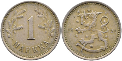 ФИНЛЯНДИЯ 1 МАРКА 1921 H KM 30 медно-никель 4388-927