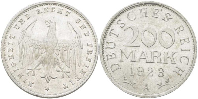 ГЕРМАНИЯ 200 МАРОК 1923 A KM 35, J. 304, Weege 22 алюминий 210-444