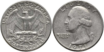 США 25 центов (квотер) 1971 D, Вашингтон KM 164а медь плакированная медно-никелем 113-525