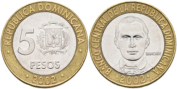 Доминиканская республика 5 песо 2002 Санчес KM 89 биметалл aUNC 4595-713