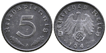 ГЕРМАНИЯ 5 РЕЙХСПФЕННИГОВ 1942 A, KM 100, J. 370 цинк 80-824