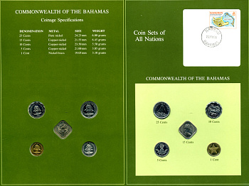 Багамские острова набор из 5 монет 1969-1984 серия наборы мира,запайка в буклете с маркой    UNC  14-01-03-09