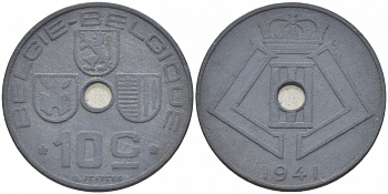 БЕЛЬГИЯ 10 САНТИМОВ 1941 BELGIE-BELGIQUE, ГЕРМАНСКАЯ ОККУПАЦИЯ, ВТОРАЯ МИРОВАЯ ВОЙНА KM 126 цинк 113-1047