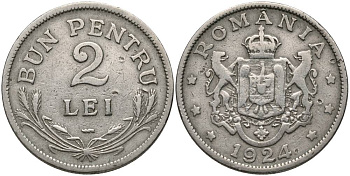 РУМЫНИЯ 2 ЛЕЯ 1924 (р) ФЕРДИНАНД I (1914-1927), ПУАССИ KM 47 медно-никель 27-411
