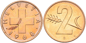 Швейцария 2 раппена 1968 В KM 47 бронза UNC 4575-1044
