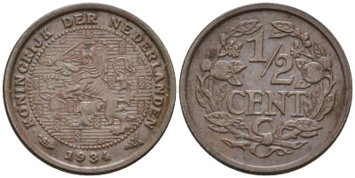 Нидерланды 1/2 цента 1934 Вильгельмина (1890-1948) KM 138 бронза    4169-242