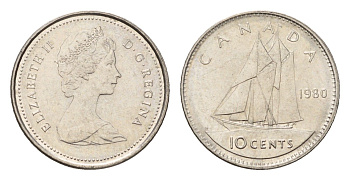 Канада 10 центов 1980 Елизавета II (1952-2022), парусник KM 77 никель UNC 4689-552