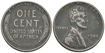 США 1 цент 1943 Авраам Линкольн KM 132 a сталь покрытая цинком 214-514