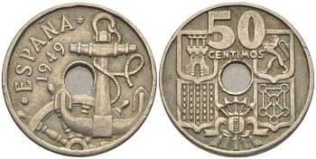 ИСПАНИЯ 50 СЕНТИМО 1949 (52) ФРАНСИСКО ФРАНКО ДИКТАТОР ИСПАНИИ (1939-1975), МОРСКАЯ АТРИБУТИКА KM 777 медно-никель 116-1044