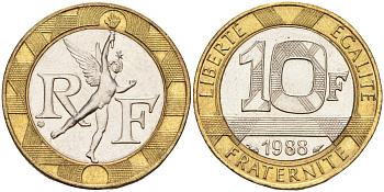 Франция 10 франков 1988 тип Гений Бастилии KM 964.1, Le Frank 375.2 биметалл 4586-1127