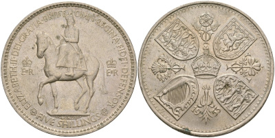 Великобритания 1 крона (5 шиллингов) 1953 коронация королевы Елизаветы, Елизавета II (1952-2022) Елизаветы KM 894, Spink 4136 медно-никель UNC 73-513