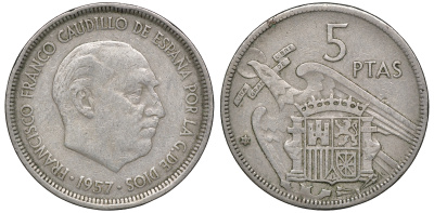 Испания 5 песет 1957 (67) Франсиско Франко (1939-1975) KM 786 медно-никель 53-1013