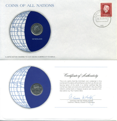 Нидерланды 25 центов 1979 Юлиана (1949-1980) конверт с маркой первого дня гашения, Coins of Nations KM 183 никель UNC 4294-11-2