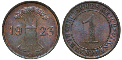 Германия 1 рентенпфенниг 1923 G KM 30, J. 306 бронза UNC 72-1165