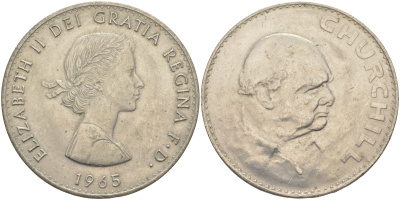 Великобритания 1 крона (5 шиллингов) 1965 Уинстон Черчилль, Елизавета II (1952-2022) KM 910, Spink 4144 медно-никель 4552-422