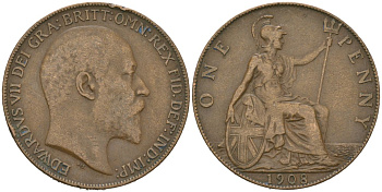 Великобритания 1 пенни 1908 Эдуард VII (1901-1910) KM 794.2, Spink 3990 бронза 221-511
