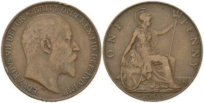 Великобритания 1 пенни 1908 Эдуард VII (1901-1910) KM 794.2, Spink 3990 бронза 221-511
