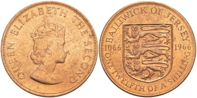 Джерси 1/12 шиллинга 1966 900 лет Нормандскому завоеванию KM 26 бронза UNC 4542-714