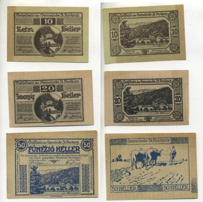 Австрия набор из 3 банкнот 1920 до 31 декабря 1920, нотгельд, 10, 20, 50 геллеров, ST. PANKRAZ   бумага  XF 7555-1-4-2