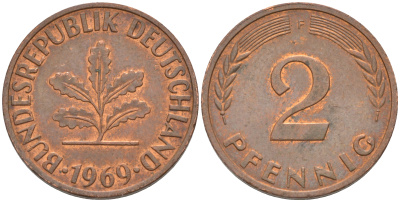ФРГ 2 пфеннига 1969 F KM 106а, J. 381а сталь плакированная медью 55-1224