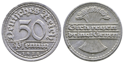 ГЕРМАНИЯ 50 ПФЕННИГОВ 1921 F KM 27, J. 301 алюминий 4380-845
