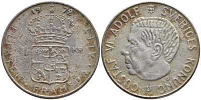 Швеция 1 крона 1972 Густав VI Адольф (1950-1973) KM 826a медь плакированная медно-никелем 4395-113